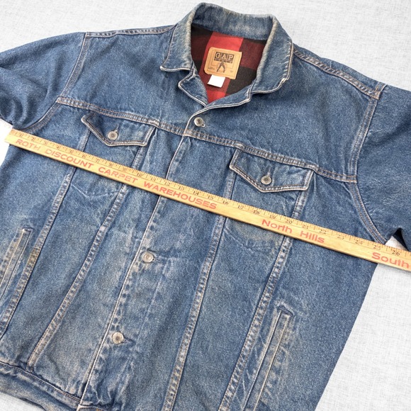 Vintage GAP Flannel Lined Denim Trucker Jacket Buffalo Plaid 90s Workwear M - Picture 8 of 12